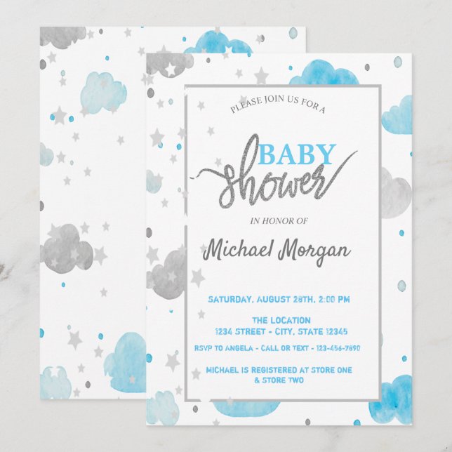 Invitation Baby shower Étoiles et nuages (Devant / Derrière)