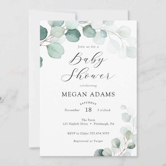 Invitation Baby shower Eucalyptus Aquarelle (Devant)