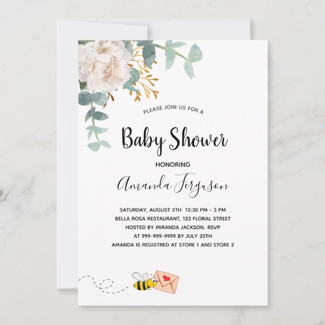 Invitation Baby shower eucalyptus blanc fleuri mère à abeille (Devant)