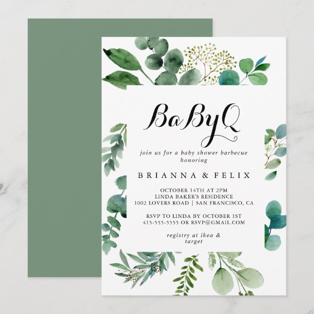 Invitation Baby shower Eucalyptus de verdure BabyQ Barbecue (Devant / Derrière)