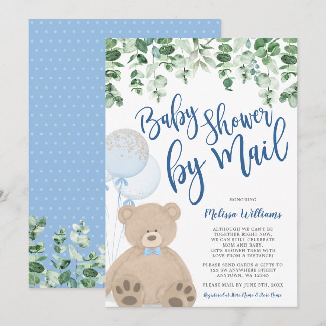 Invitation Baby shower Eucalyptus des ballons d'ours en peluc (Devant / Derrière)