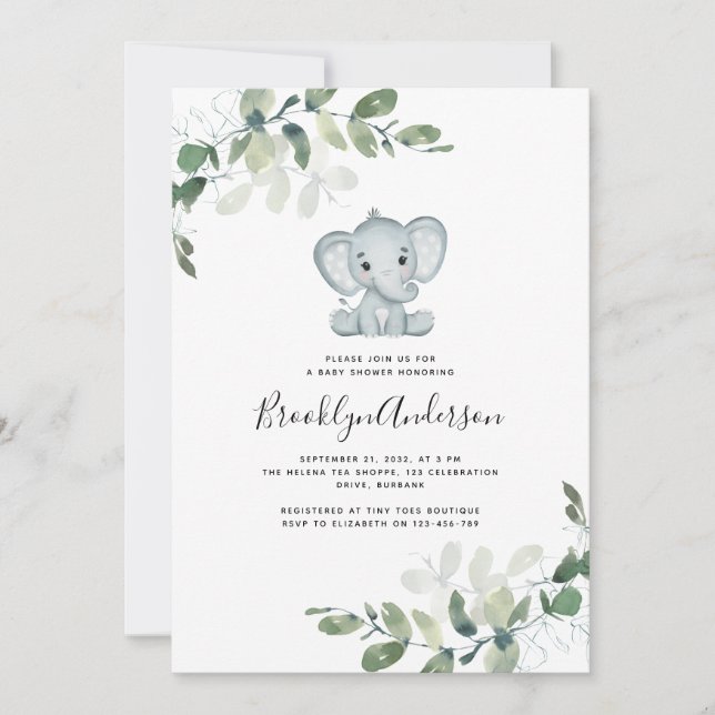 Invitation Baby shower Eucalyptus Eléphant mignon (Devant)