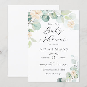 Invitation Baby shower Eucalyptus et Fleurs Blanch