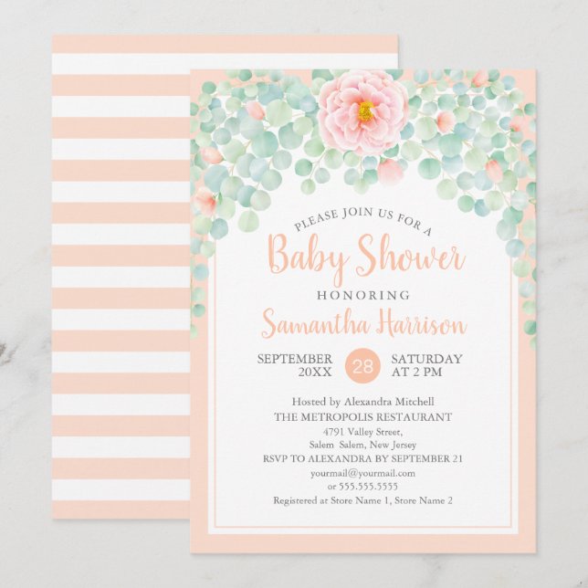 Invitation Baby shower Eucalyptus Feuillage Floral Peach Sage (Devant / Derrière)