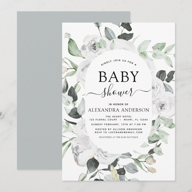 Invitation Baby shower Eucalyptus Floral Roses Blanches Verdu (Devant / Derrière)