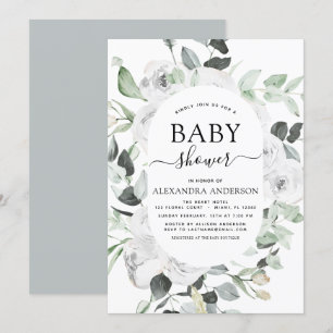 Invitation Baby shower Eucalyptus Floral Roses Blanches Verdu