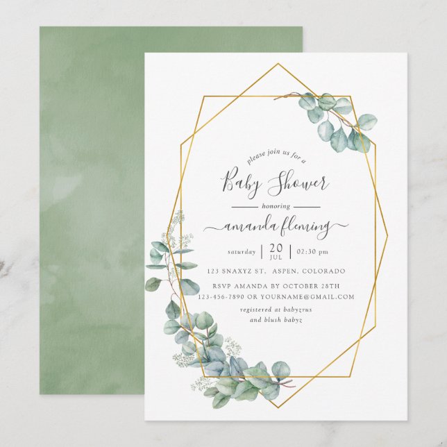 Invitation Baby shower Eucalyptus géométrique aquarelle (Devant / Derrière)
