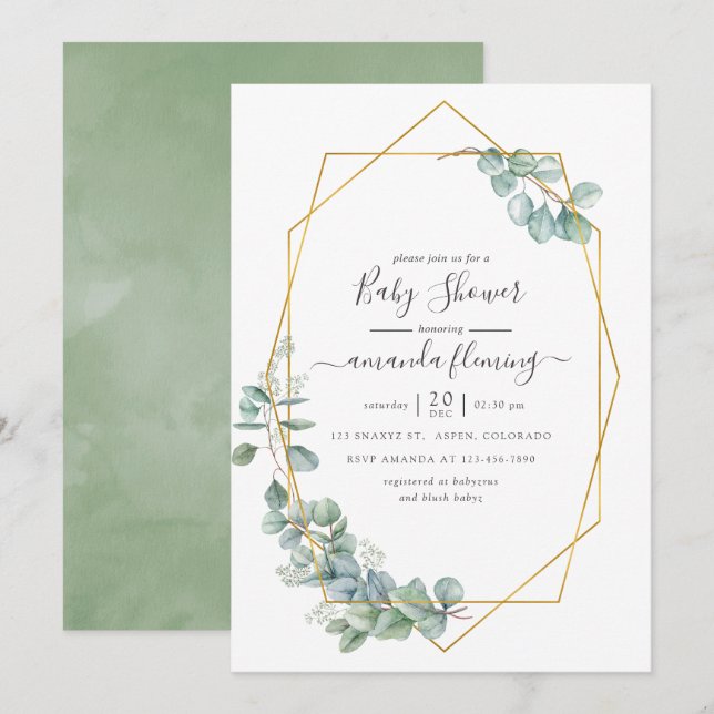 Invitation Baby shower Eucalyptus géométrique aquarelle (Devant / Derrière)