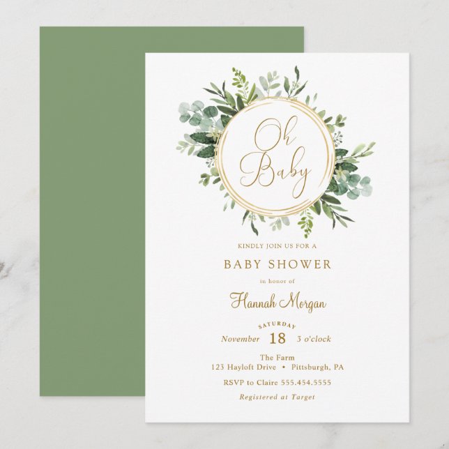 Invitation Baby shower Eucalyptus Gold (Devant / Derrière)