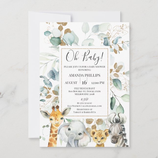 Invitation Baby shower Eucalyptus Gold Safari Animaux (Devant)