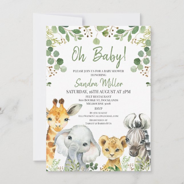 Invitation Baby shower Eucalyptus Safari neutre pour les femm (Devant)