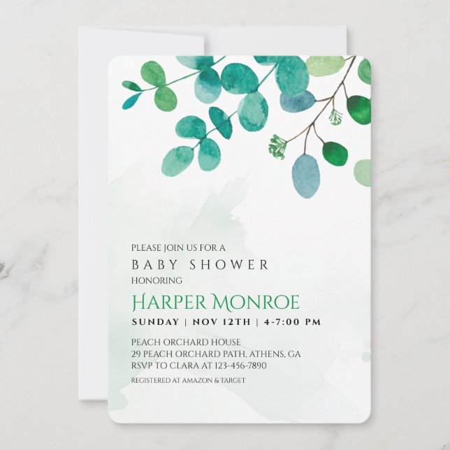 Invitation Baby shower Eucalyptus verdoyante (Devant)
