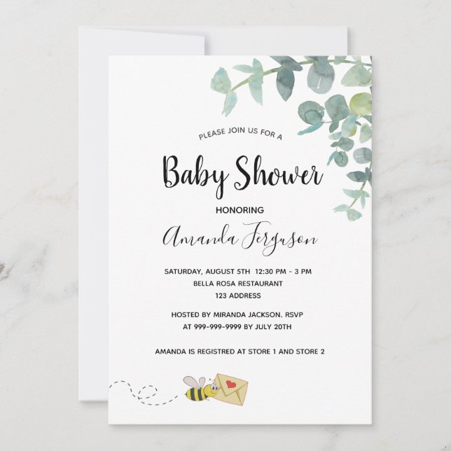 Invitation Baby shower eucalyptus verdure abeille mignonne (Devant)