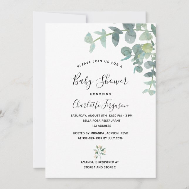 Invitation Baby shower eucalyptus verdure blanc élégant (Devant)