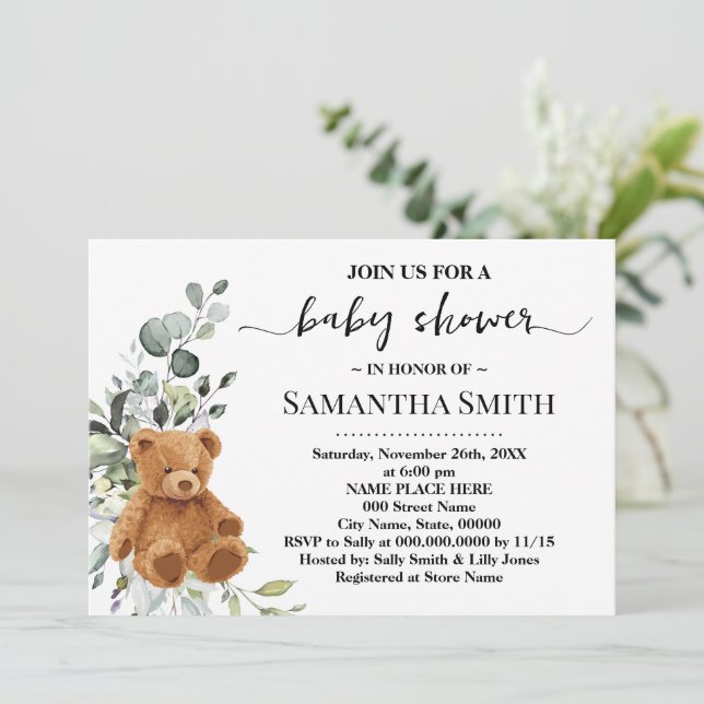 Invitation Baby shower Eucalyptus vert ours (Debout devant)
