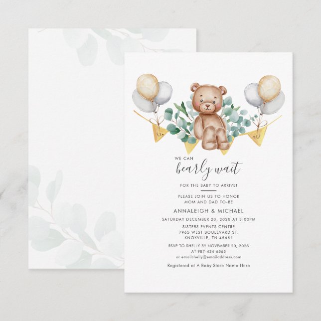 Invitation Baby shower Eucalyptus Vert Ours Couples (Devant / Derrière)