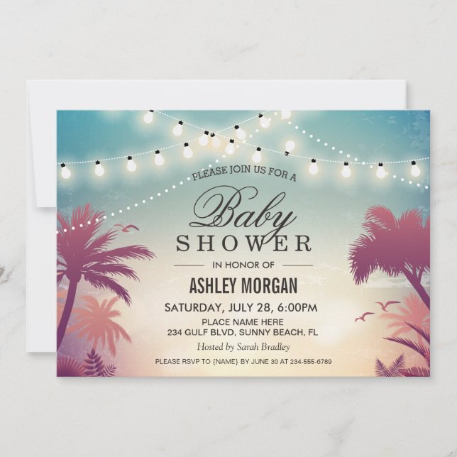 Invitation Baby shower extérieur Été Chaîne Lumières Coucher  (Devant)