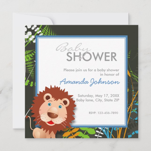 Invitation Baby shower fait sur commande de lion de jungle (Devant)