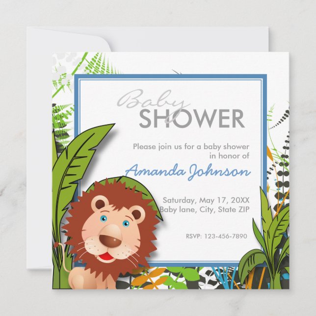 Invitation Baby shower fait sur commande de lion de jungle (Devant)