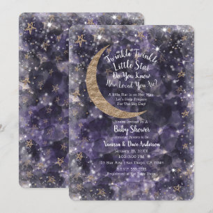 Invitation Baby Shower Fantaisiste Étoiles et Lune Or et Viol
