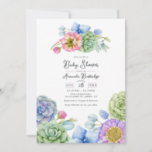 Invitation Baby-Shower Fantaisiste Fleurs et Succulentes