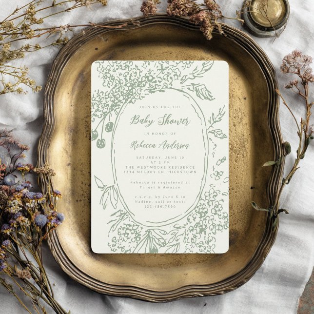 Invitation Baby Shower Fantaisiste Floral Doodle Vert Sauge (Créateur téléchargé)