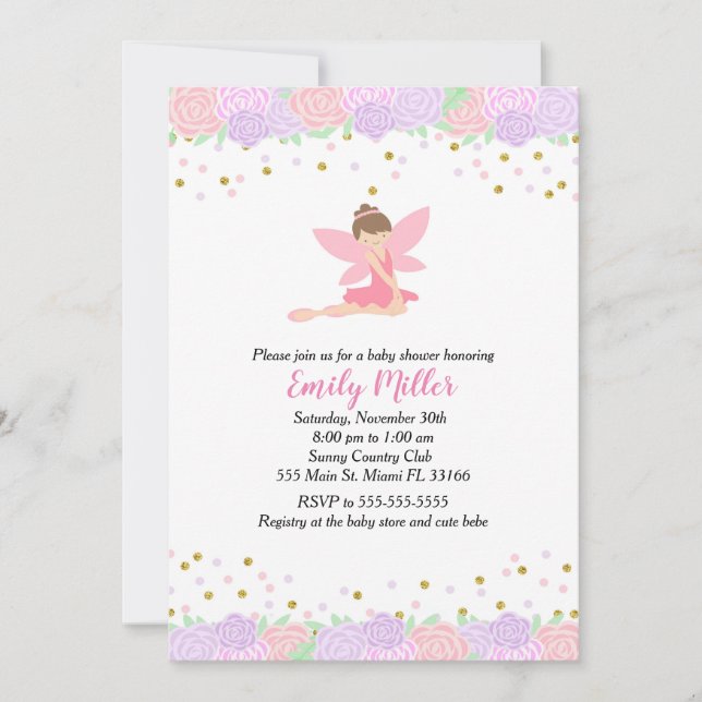 Invitation Baby shower Fée Or rose (Devant)