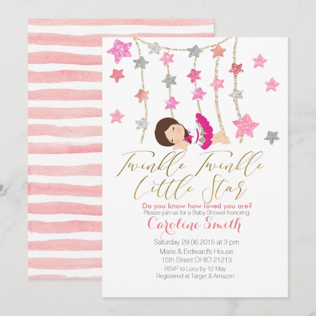 Invitation Baby shower féminine de Pink Twinkle St (Devant / Derrière)