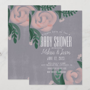 Invitation Baby Shower Ferme Rustique Rose Florale Rose Gris