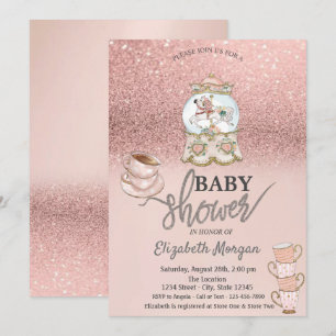 Invitation Baby Shower Fête de Thé Pailleté Or Rose