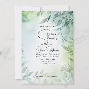 Invitation Baby shower - Feuillage Turquoise pâle et vert
