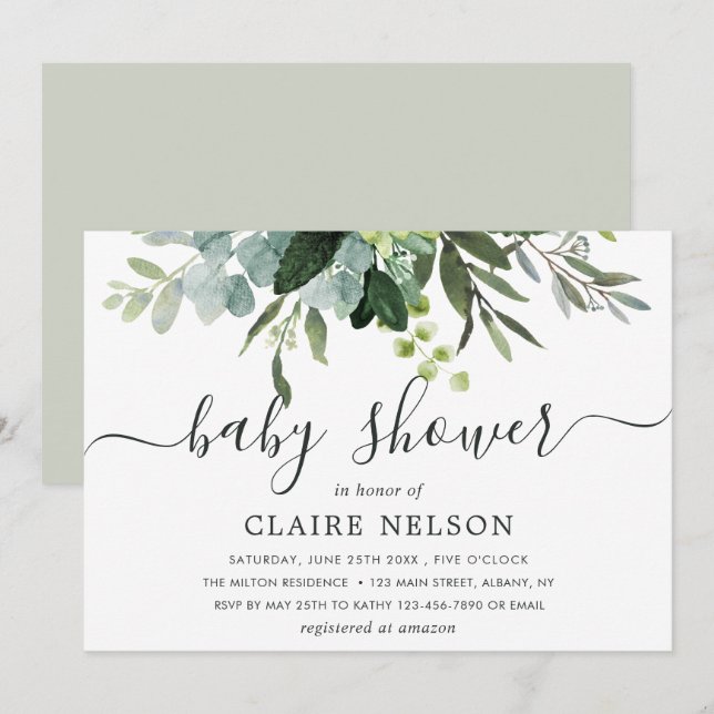 Invitation Baby Shower Feuillage Vert Eucalyptus (Devant / Derrière)