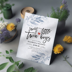Invitation Baby shower Feuille bleu Sweet Little Twin Boys