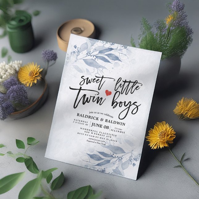 Invitation Baby shower Feuille bleu Sweet Little Twin Boys (Créateur téléchargé)