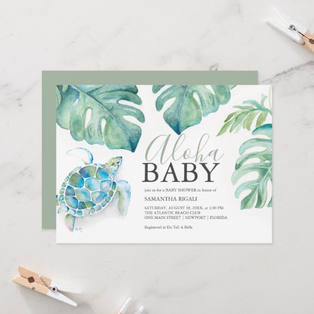 Invitation Baby shower Feuille de Monstera de tortue de mer t (Devant/Arrière en situation)