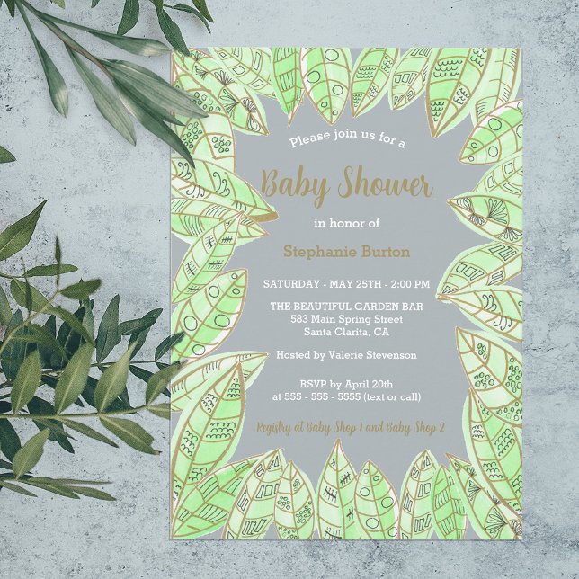 Invitation Baby shower Feuille d'or vert Aquarelle moderne (Créateur téléchargé)