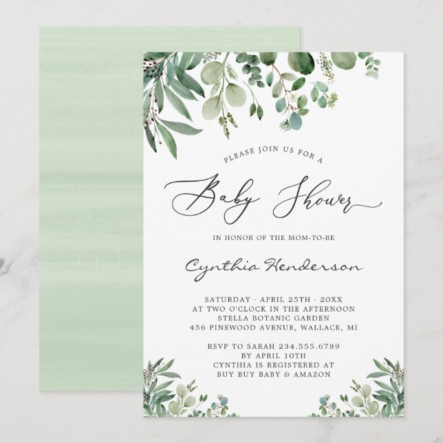 Invitation Baby shower Feuille romantique d'Eucalyptus (Devant / Derrière)