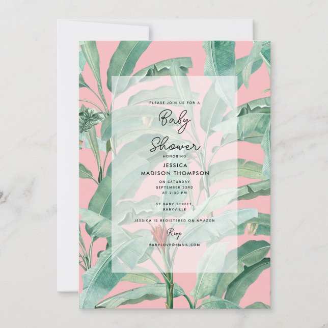 Invitation Baby shower Feuille rose moderne de palme tropical (Devant)