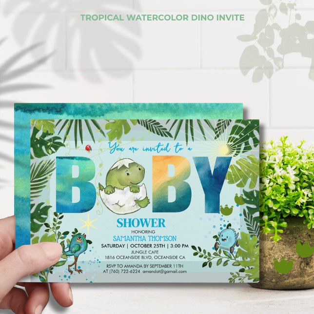 Invitation Baby shower Feuille tropical Aqua Dino ( Watercolor Aqua Dino Tropical Leaves Baby Shower Invitation)