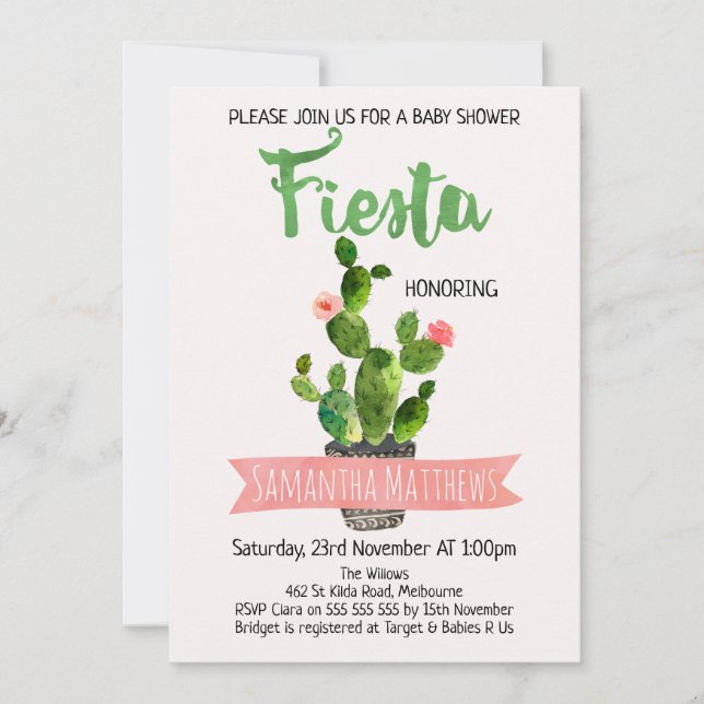 Invitation Baby shower Fiesta Cactus (Devant)