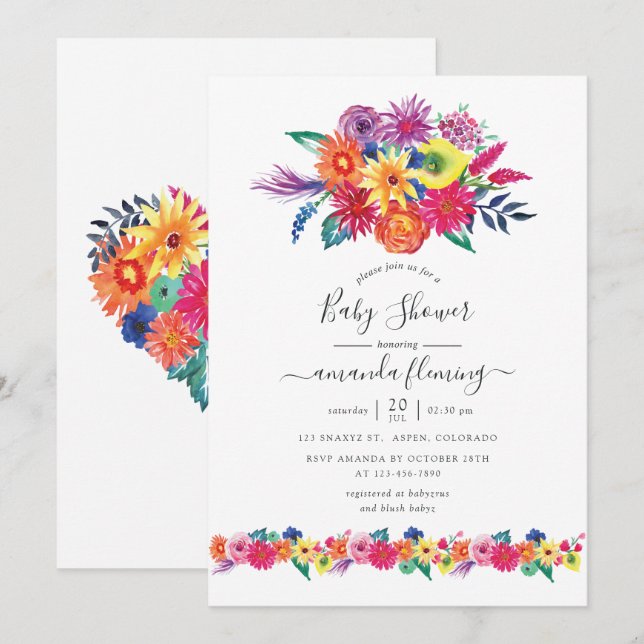 Invitation Baby shower Fiesta Floral Aquarelle (Devant / Derrière)