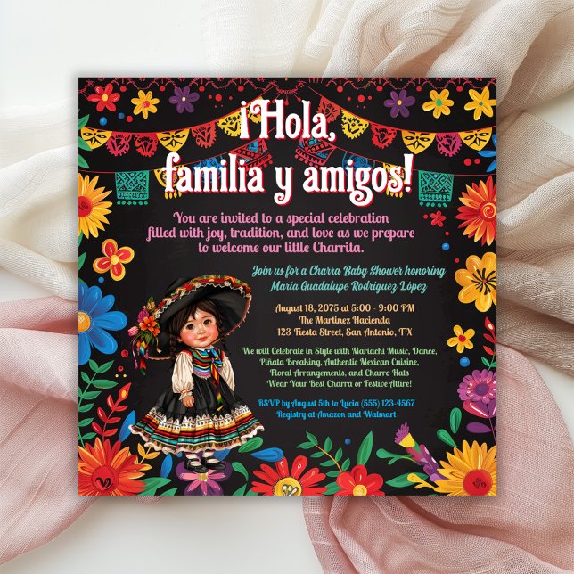 Invitation Baby shower Fiesta Floral Charra (Girl fiesta baby shower invitation with bright flowers and adorable baby girl charra.)