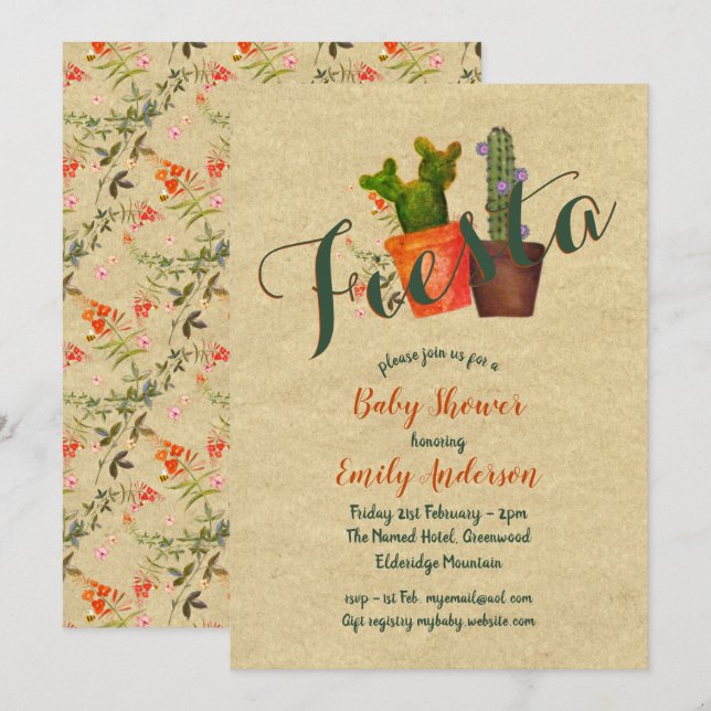 Invitation Baby shower Fiesta mexicain Cactus rustiques (Devant / Derrière)