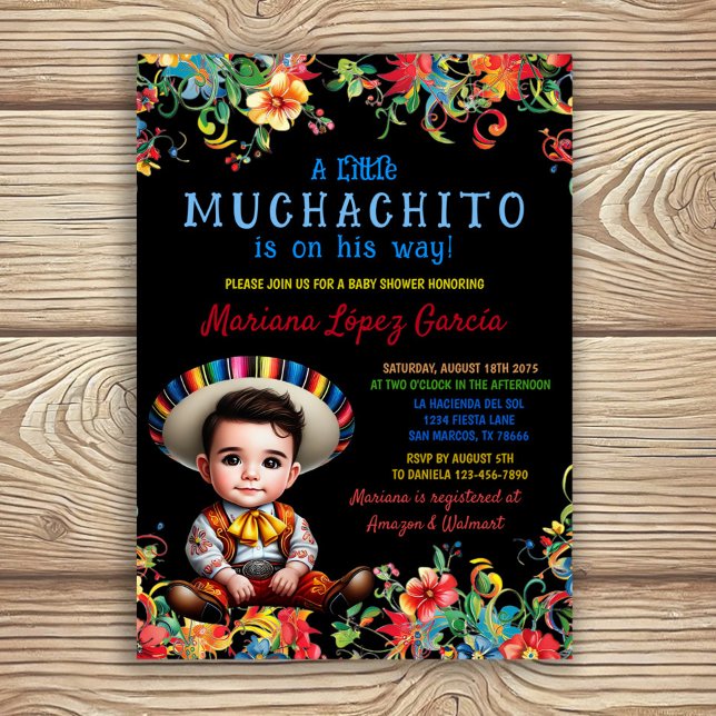 Invitation Baby shower Fiesta Muchachito Charro (Adorable boy fiesta baby shower invitation with colorful flowers and charming baby boy.)