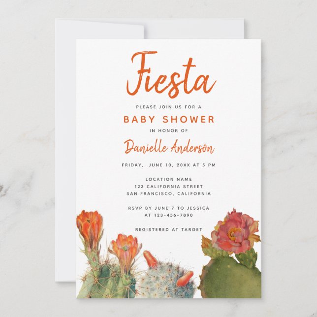 Invitation Baby shower Fiesta Rouge Cactus Fleurs Aquarelle (Devant)