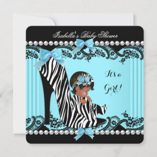 Invitation Baby Shower Fille Afro-Américaine Zèbre Bleu Cyan