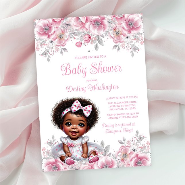 Invitation Baby shower fille Afro argent rose (Simply add your event details!)