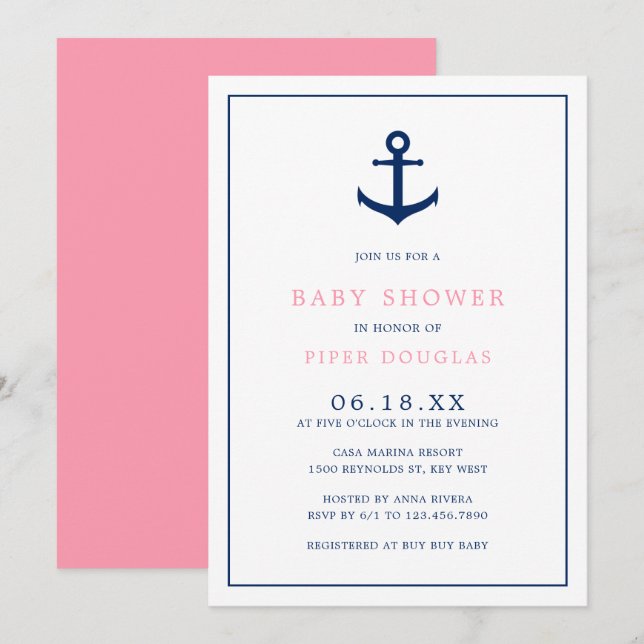 Invitation Baby shower fille Ancre bleu rose nautique (Devant / Derrière)