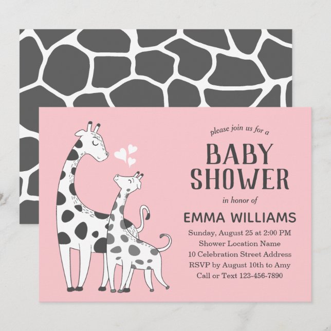 Invitation Baby shower fille animal rose mou moderne Giraffe  (Devant / Derrière)