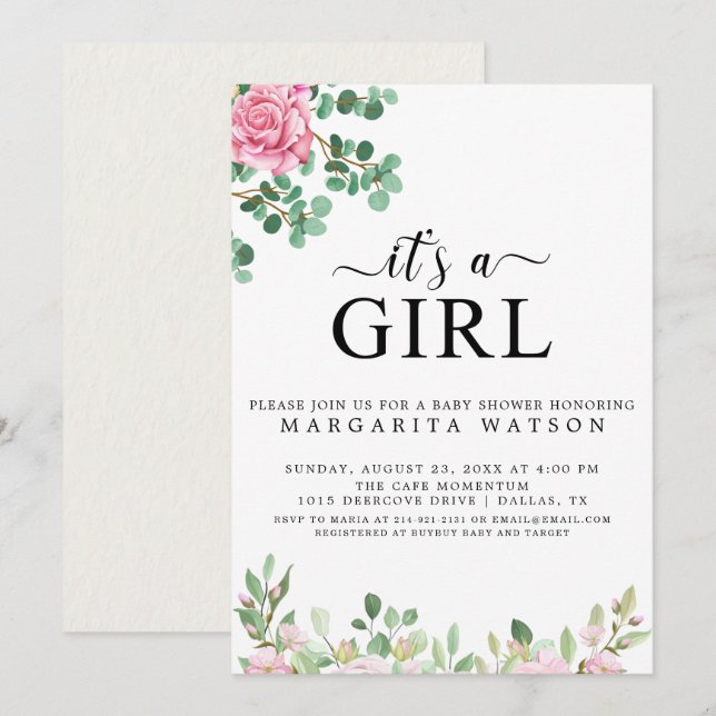 Invitation Baby shower Fille Aquarelle Rose Rose Cute (Devant / Derrière)